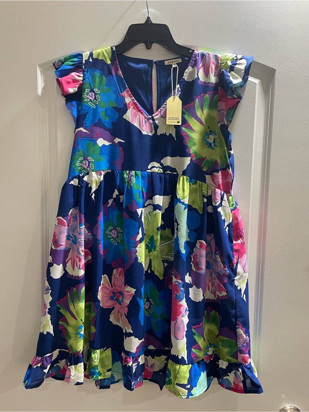 JODIFL Navy Floral Ruffle-Sleeve Women’s Dress